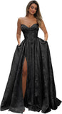 Strapless Prom Dress Jacquard Satin Ball Gown Pleated A Line Long Corset Formal Evening Dresses with Slit Pockets