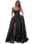 Strapless Prom Dress Jacquard Satin Ball Gown Pleated A Line Long Corset Formal Evening Dresses with Slit Pockets