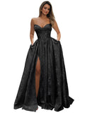 Strapless Prom Dress Jacquard Satin Ball Gown Pleated A Line Long Corset Formal Evening Dresses with Slit Pockets
