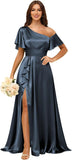 Short Sleeve Satin Bridesmaid Dresses for Women Ruffle One Shoulder Formal Evening Gowns with Slit