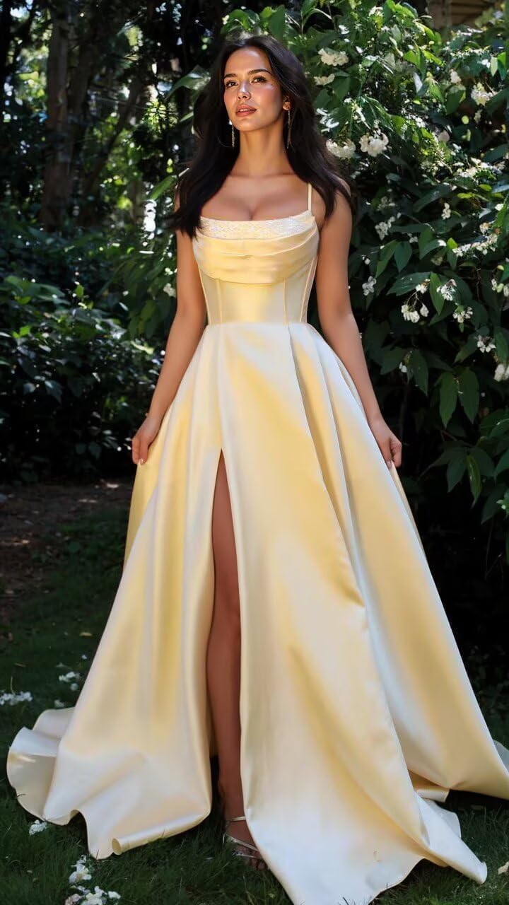 Satin Prom Dresses for Teens Long A-Line Cowl Neck Formal Evening Gown with Slit 2026 Maxi Ball Gowns