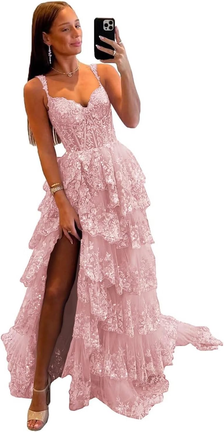 Vestido de fiesta de tul con encaje y capas, tirantes finos y abertura larga, corsé brillante, vestidos formales de fiesta de noche 