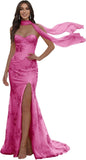 Floral Prom Dresses for Teens Strapless Mermaid Corset Tulle Formal Evening Gown with Slit Scarf