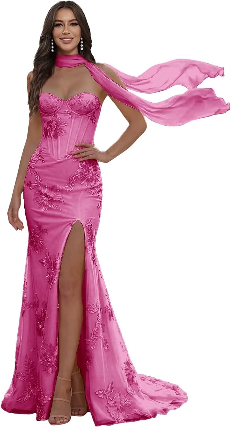 Floral Prom Dresses for Teens Strapless Mermaid Corset Tulle Long Formal Evening Gown with Slit with Scarf