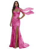 Floral Prom Dresses for Teens Strapless Mermaid Corset Tulle Formal Evening Gown with Slit Scarf