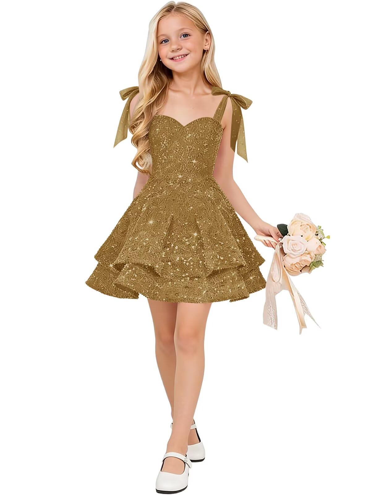 Sparkly Sequin Flower Girl Dress Tiered Cute Bow Spaghetti Straps Sweetheart Toddler Formal Dresses 2026