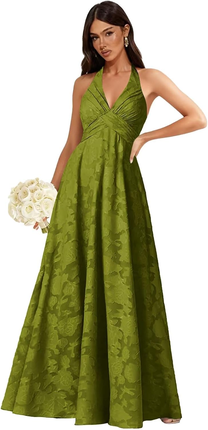 Floral Lace Bridesmaid Dresses for Women Long V Neck A-Line Open Back Halter Formal Evening Gown
