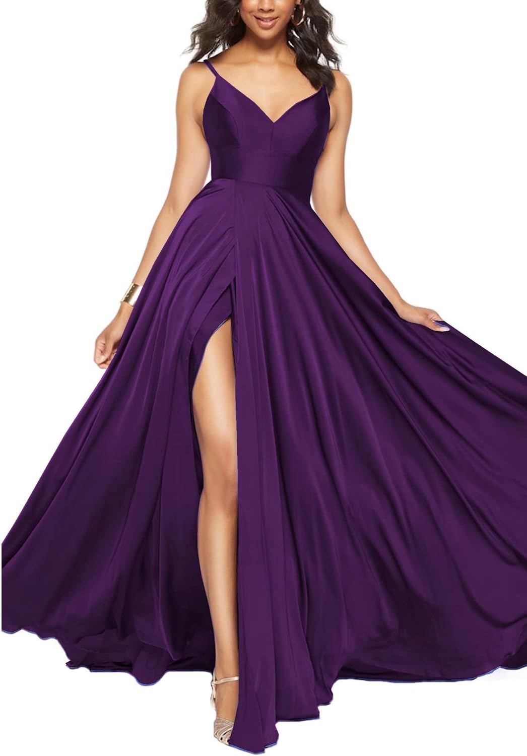 Satin Bridesmaid Dresses for Women Spaghetti Straps Wedding Guest Dress Long V Neck Formal Gown with Slit