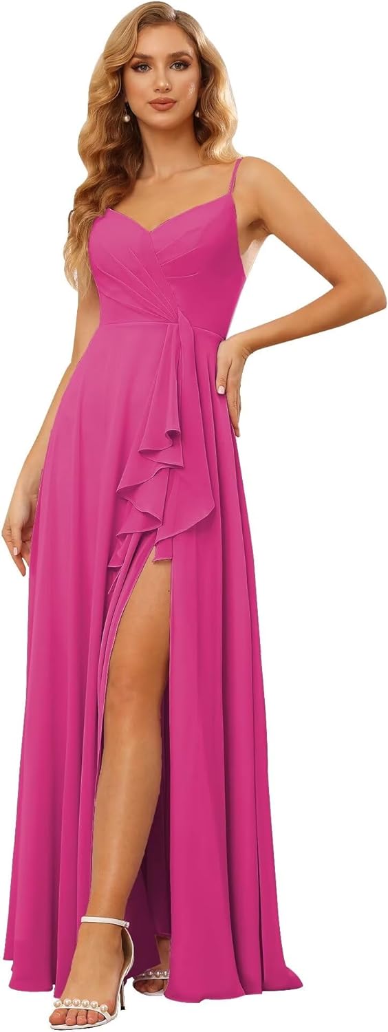 Vestidos de dama de honor largos de gasa con tirantes finos y bolsillos, vestidos formales con volantes y abertura para mujer 