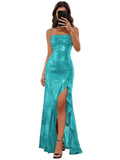 Sparkly Sequin Spaghetti Straps Prom Dresses 2026 Long Ruffles Pleated Formal Evening Dress with Slit