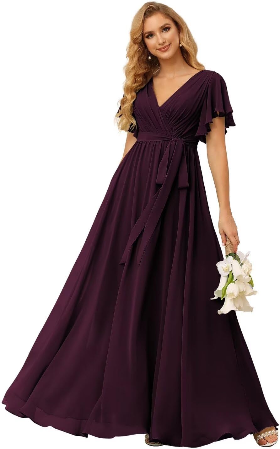 Damen Brautjungfernkleider mit Flatterärmeln, lang, mit Taschen, V-Ausschnitt, Chiffon, formelle Kleider 