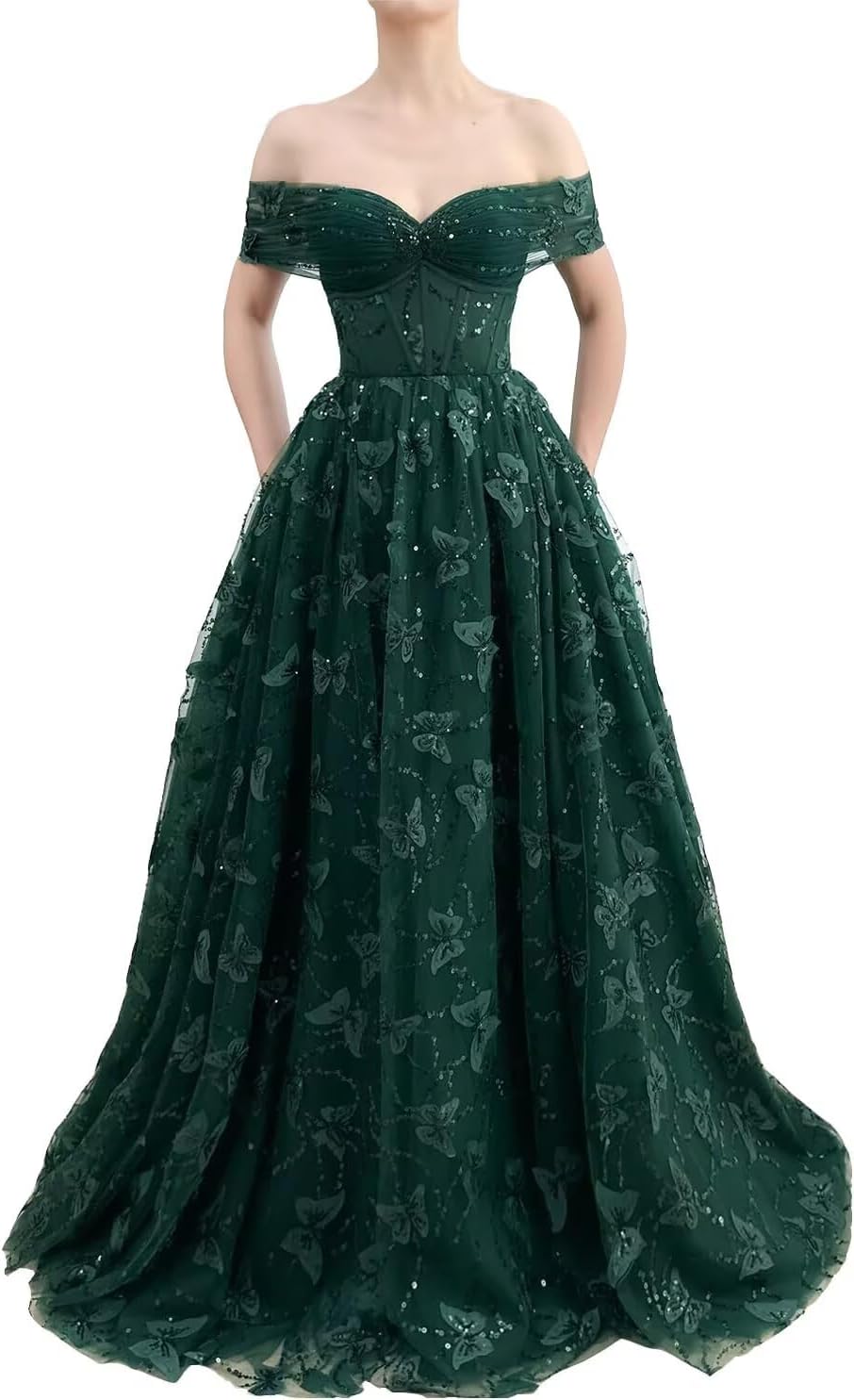 Sparkly Off Shoulder Tulle Prom Dresses with Butterfly Appliques Long A Line Formal Evening Party Gowns for Women