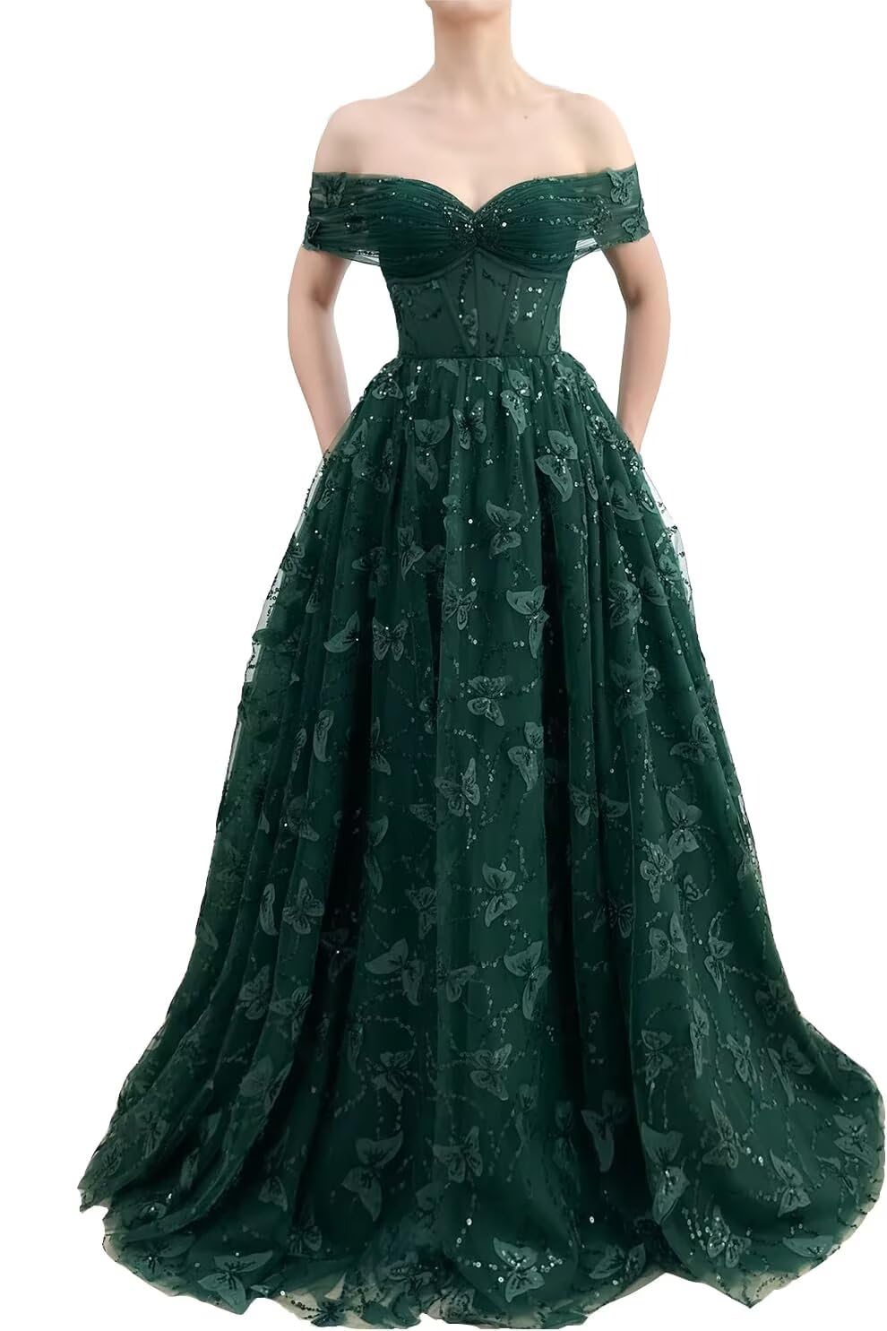 Sparkly Off Shoulder Tulle Prom Dresses with Butterfly Appliques Long A Line Formal Evening Party Gowns for Women