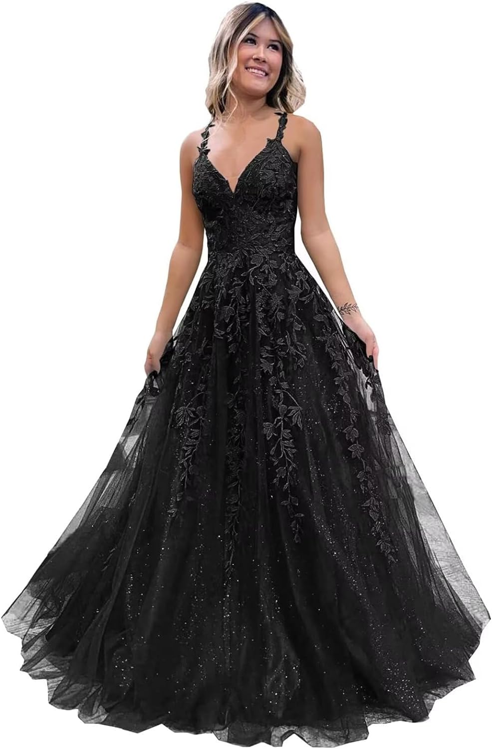 Women's Sparkly Tulle Lace Applique Prom Dresses 2025 Long Spaghetti Straps Formal Evening Gowns