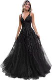 Women's Sparkly Tulle Lace Applique Prom Dresses 2025 Long Spaghetti Straps Formal Evening Gowns