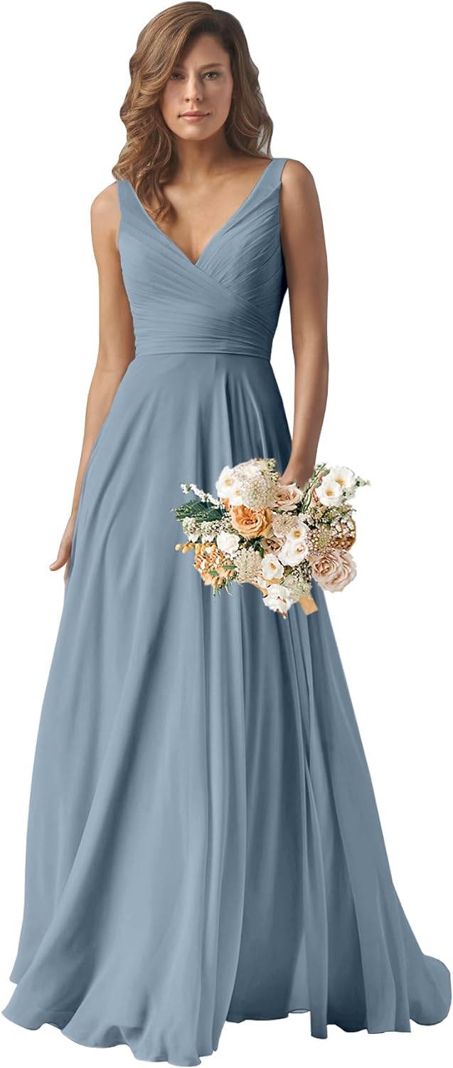 Chiffon Bridesmaid Dresses Long for Women A Line Ruched Formal Porm Evening Gowns