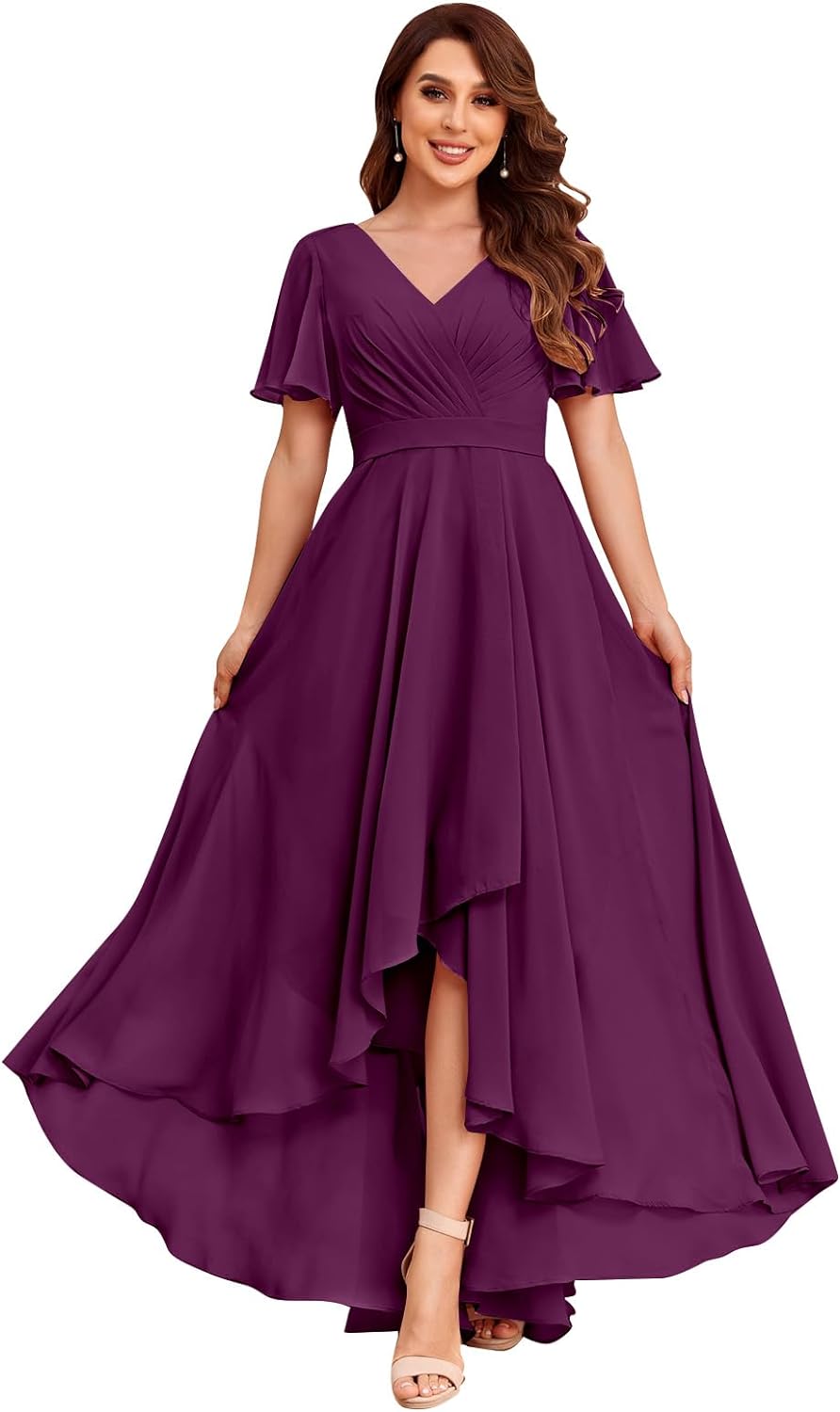 Women's Flutter Sleeve Bridesmaid Dresses with Pockets High Low Formal Dress