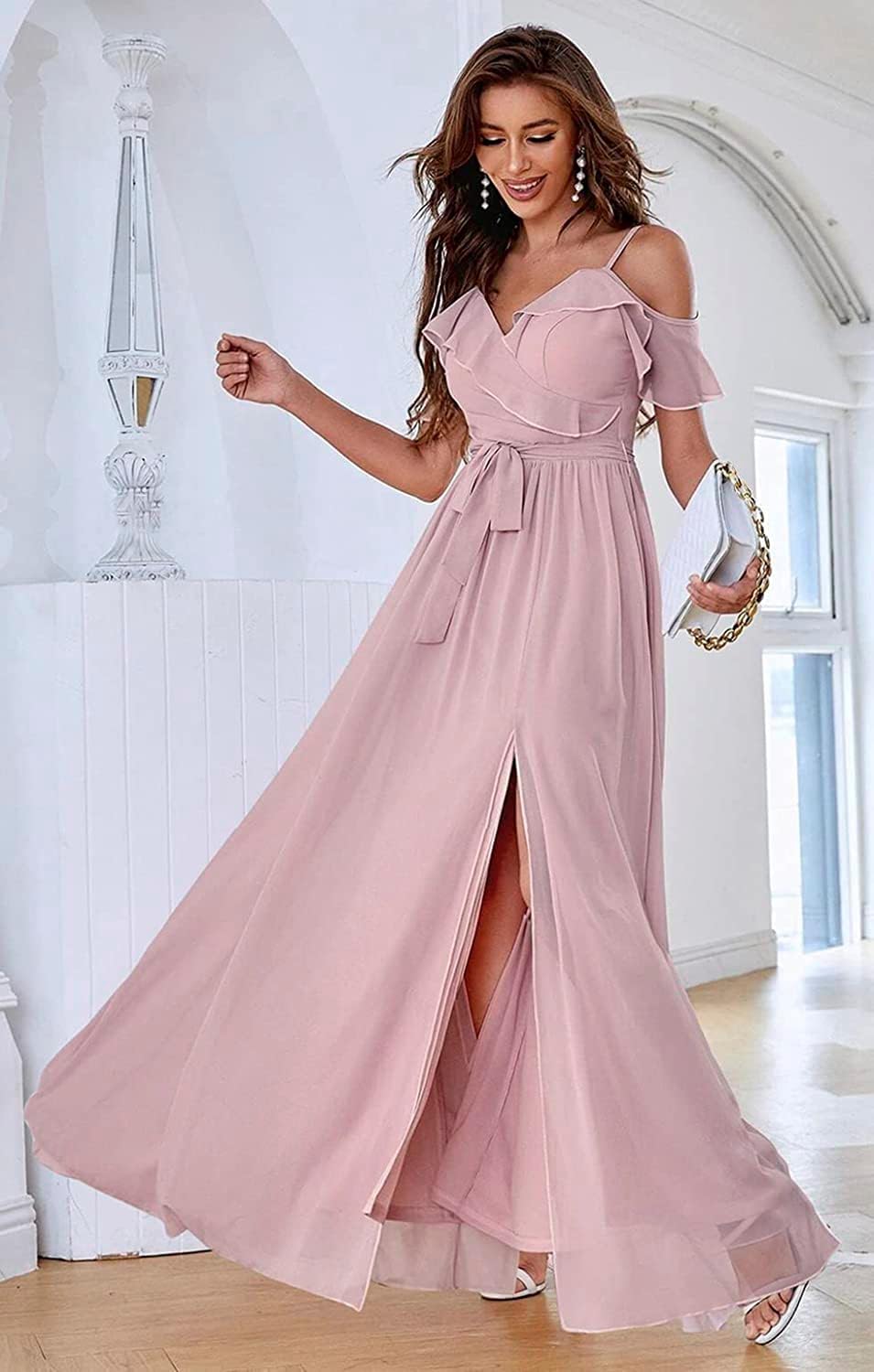 Women's Bridesmaid Dresses with Slit Long Cold Shoulder Chiffon Formal Party Dress with Pockets