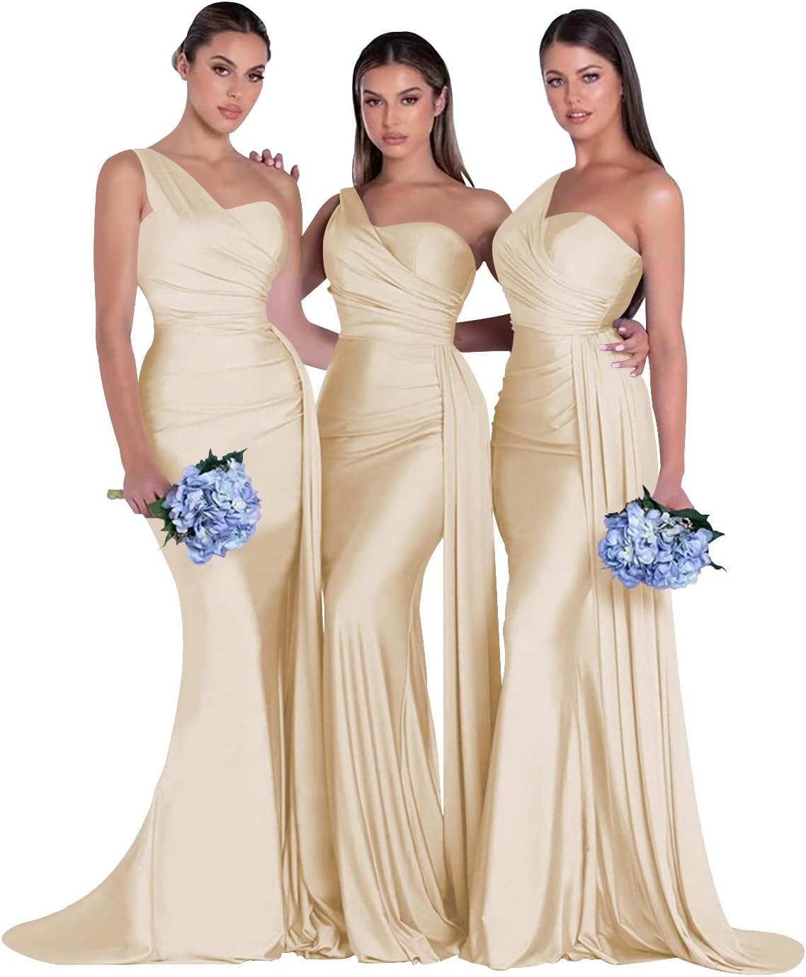 Women's One Shoulder Mermaid Bridesmaid Dresses Long Ruched Bodycon Satin Formal Prom Gowns