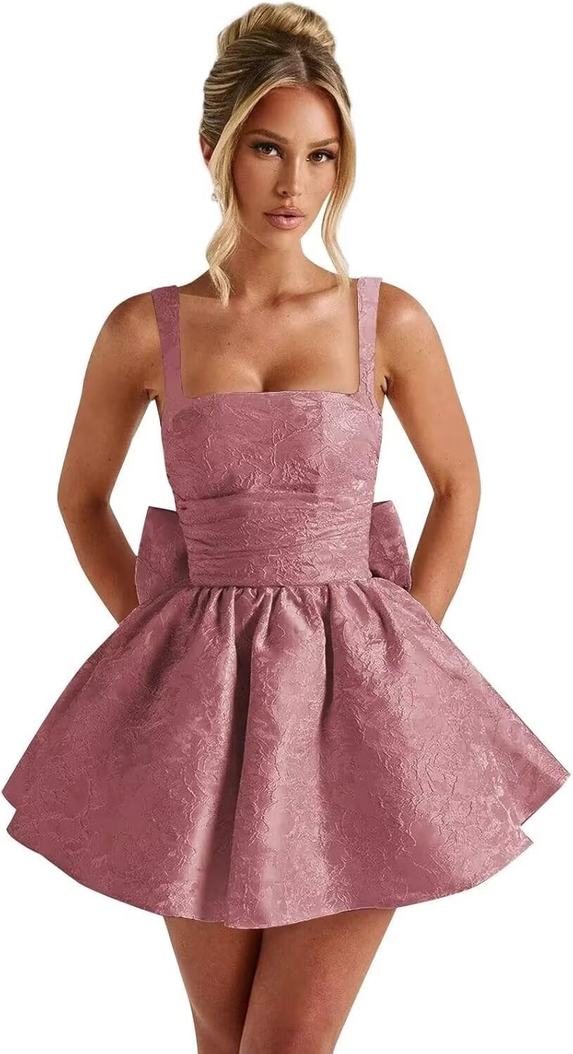 Jacquard Satin Homecoming Dresses for Teens Spaghetti Straps Short Prom Dress A-line Cocktail Party Gowns with Bow