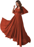 Women's Batwing Sleeve Chiffon Bridesmaid Dresses with Pockets V Neck Long Formal Evening Dress