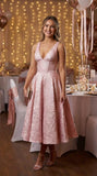 V Neck Tea Length Prom Dress for Women Satin Evening Party Gown A Line Cocktail Dress