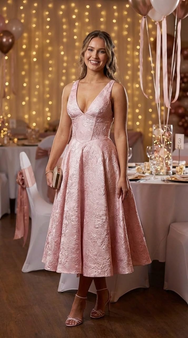 White Prom Dresses Halter Midi Jacquard Formal Dress V-Neck Engagement Dress Satin Floral Jacquard for Women 2027 with Pockets