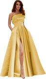 Women's One Shoulder Prom Dresses Long Satin Side Slit Formal Evening Gowns with Pockets