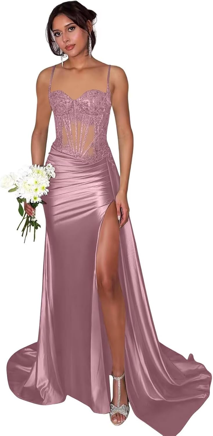 Lace Satin Prom Dresses for Women 2026 Long Mermaid Spaghetti Straps Corset Formal Evening Party Dress with Slit