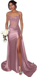 Lace Satin Prom Dresses for Women 2026 Long Mermaid Spaghetti Straps Corset Formal Evening Party Dress with Slit