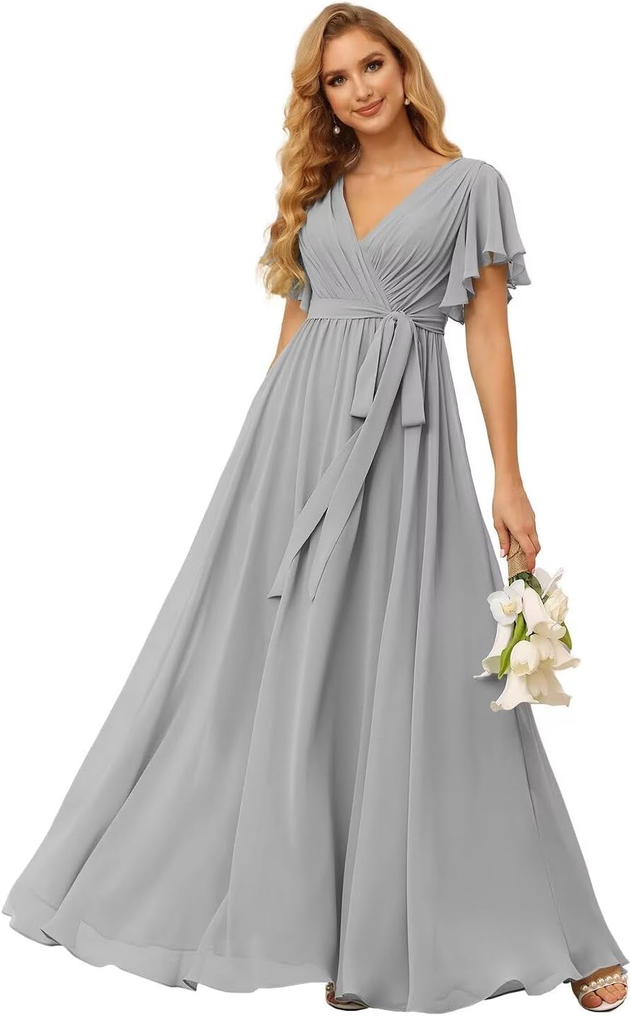 Damen Brautjungfernkleider mit Flatterärmeln, lang, mit Taschen, V-Ausschnitt, Chiffon, formelle Kleider 