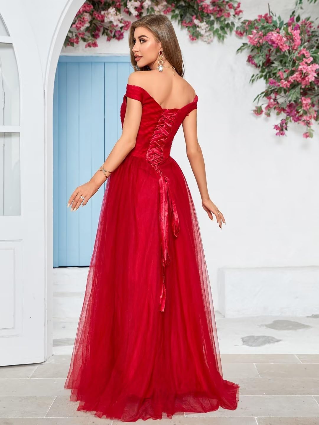 Schulterfreies Ballkleid, langes Ballkleid für Damen, A-Linie, Herzausschnitt, mehrlagiges Tüllkleid für Hochzeit, Abendparty 
