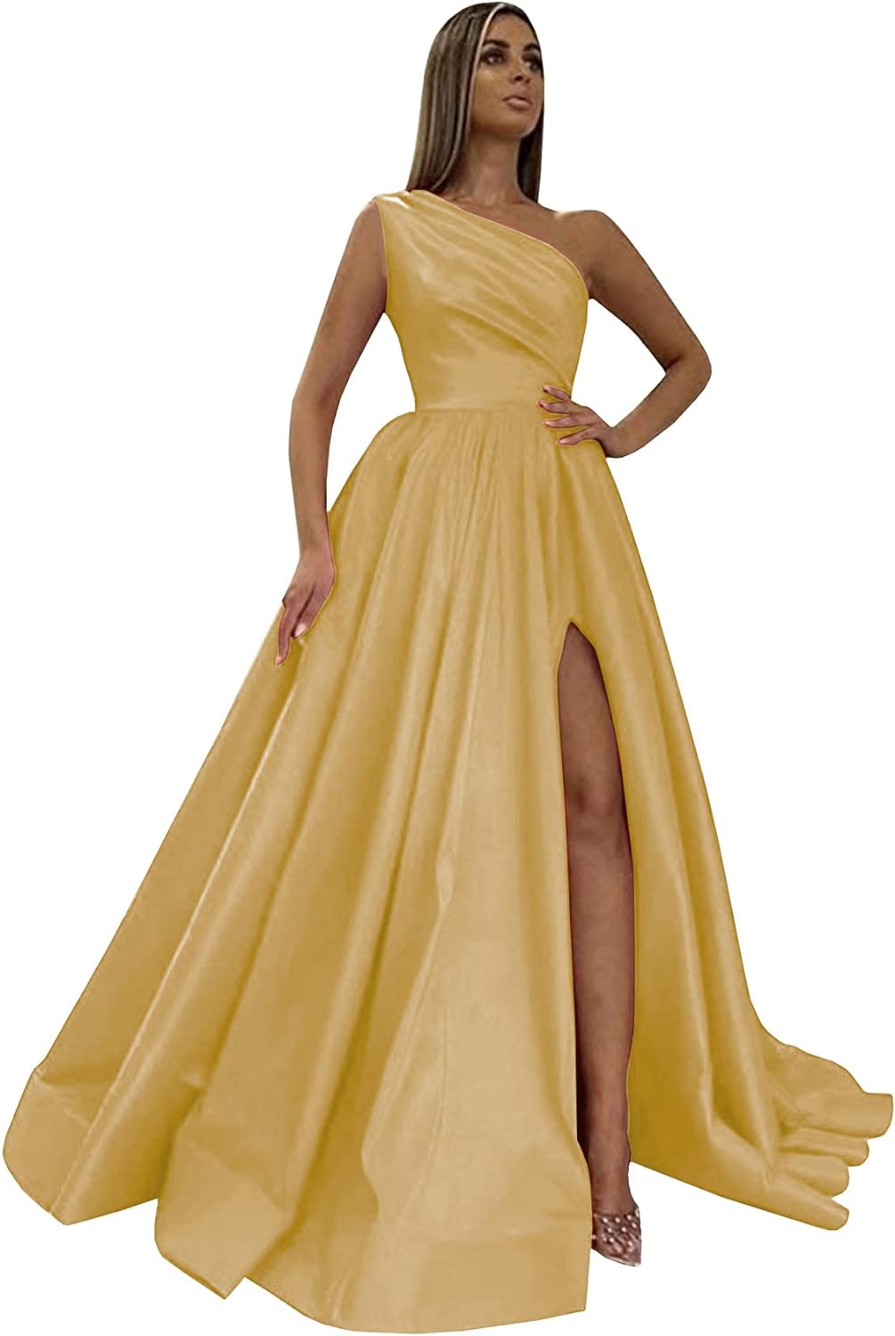 Women's One Shoulder Prom Dresses 2026 Long Slit Satin Formal Evening Gowns with Pockets