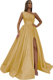 Women's One Shoulder Prom Dresses 2026 Long Slit Satin Formal Evening Gowns with Pockets
