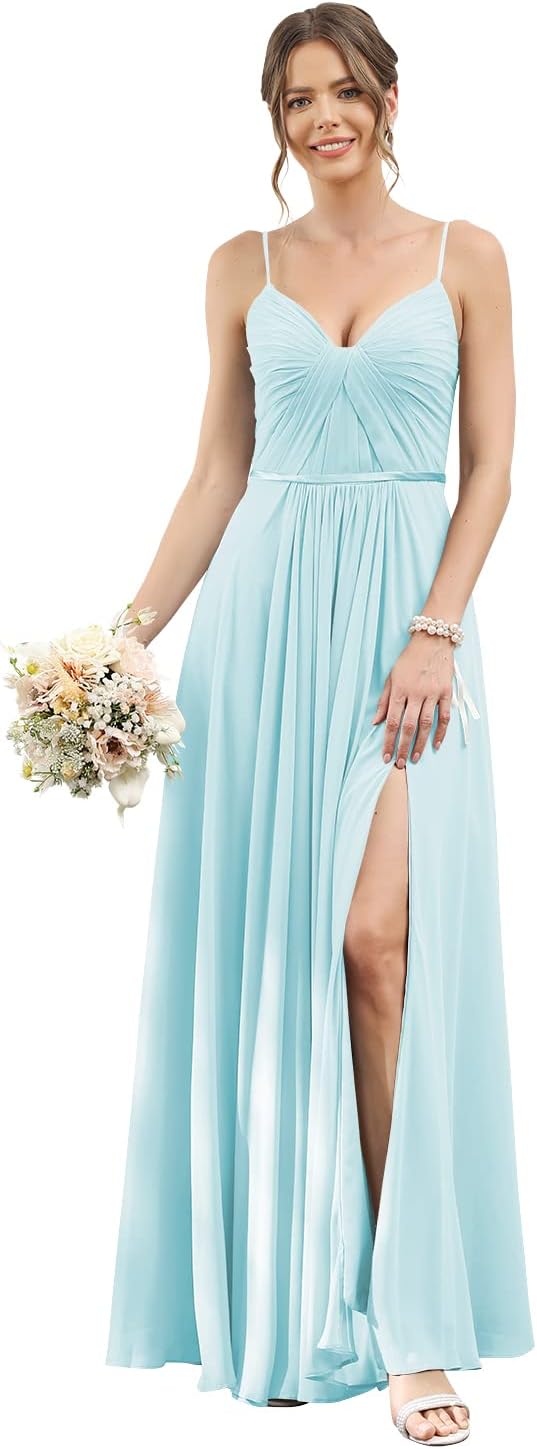 Vestidos de dama de honor largos con tirantes finos y bolsillos, plisados, formales, de noche, con abertura 