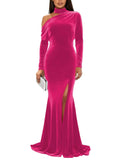 Mermaid Velvet Prom Dresses with Slit 2027 Long Sleeve Formal Dress for Women One Shoulder Evening Party Gowns