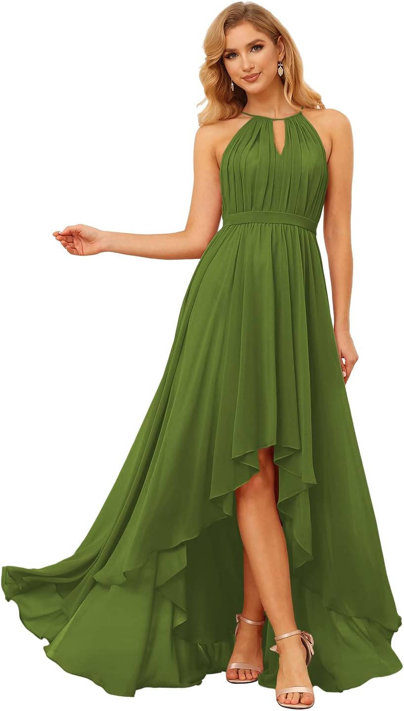 Damen Neckholder Brautjungfernkleider Lang mit Taschen High-Low Falten Formelles Kleid für Hochzeit 