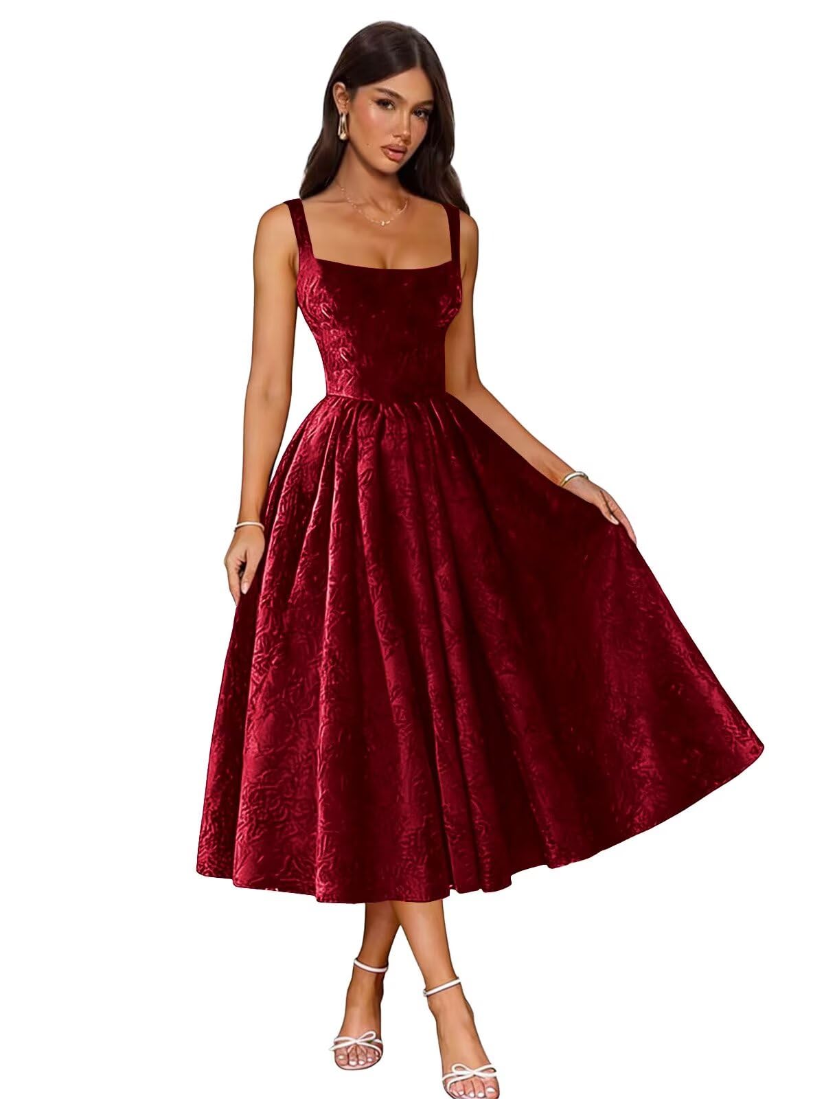 Jacquard Satin Prom Dresses 2026 Floral Square Neck Tea Length Ruched Elegant Formal Ball Gown with Pockets
