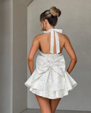 Satin Halter Homecoming Dresses for Teens 2027 V Neck Jacquard A-line Short Prom Cocktail Gowns with Bow