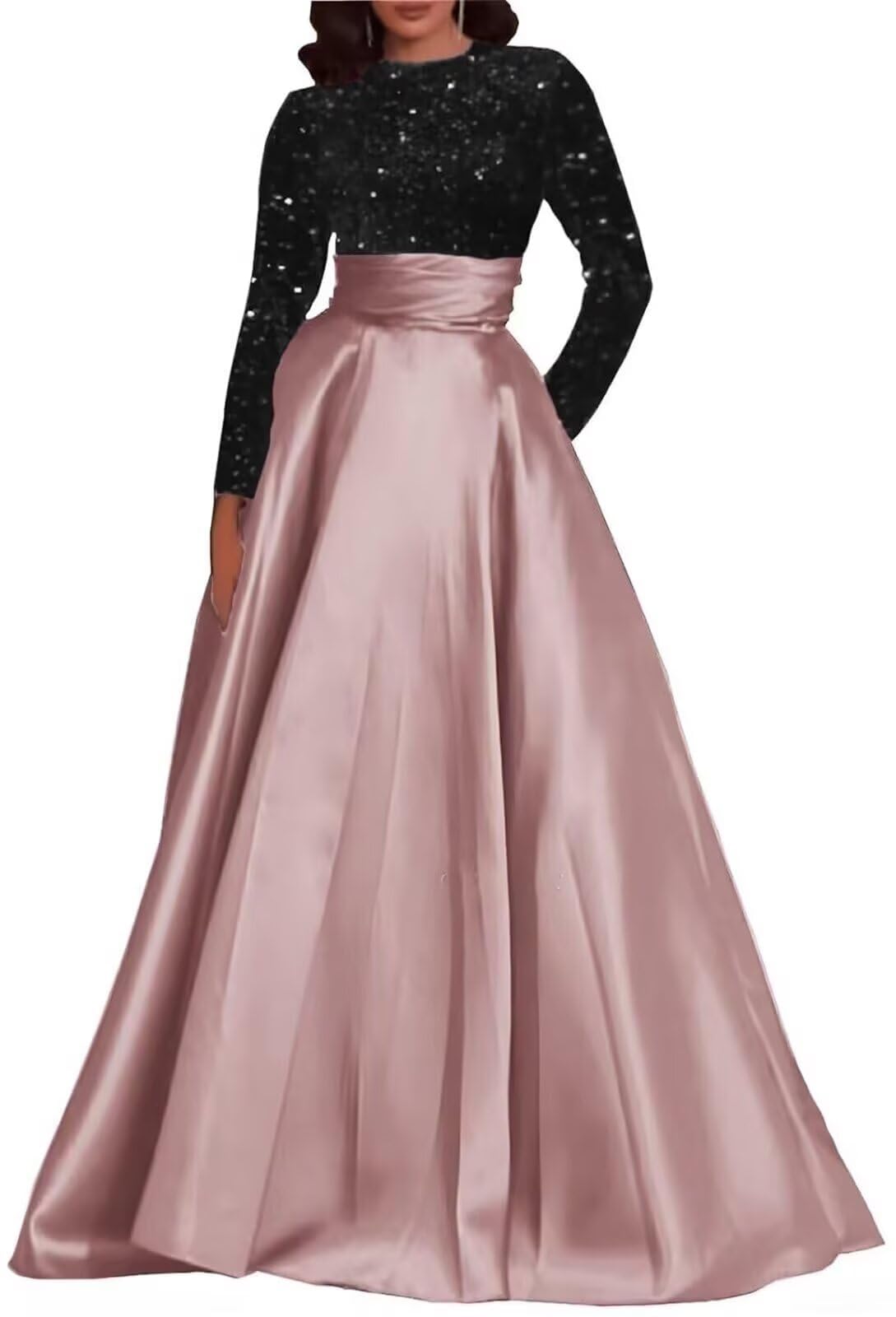 Kingbridal Gowns Long Sleeve Sequin Prom Dresses for Women Satin A-line Formal Dress 2026 Sparkly Evening Party Gowns with Pockets