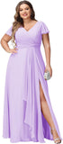 Vestidos de dama de honor de talla grande con mangas con volantes y bolsillos, vestido formal largo con escote en V y abertura. 