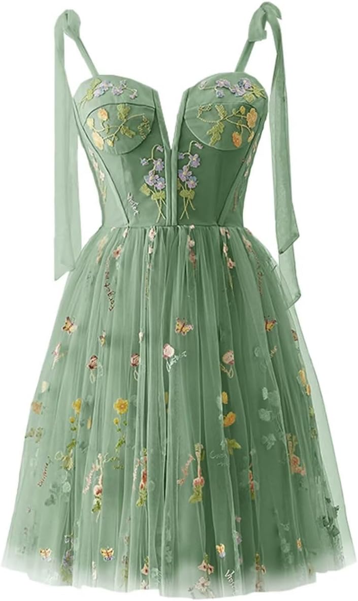 Vestidos de fiesta para mujer, con tirantes finos, cortos, bordados de flores, tul, vestidos formales 