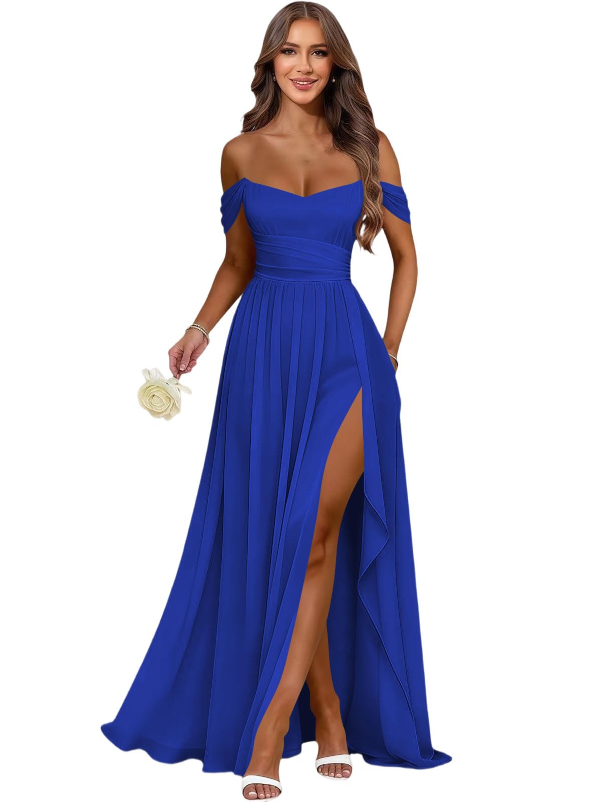 Women's Long Chiffon Bridesmaid Dresses with Slit Off Shoulder A-Line Formal Prom Evening Gown Maxi Wedding Guest Dress