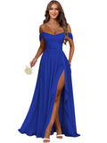 Women's Long Chiffon Bridesmaid Dresses with Slit Off Shoulder A-Line Formal Prom Evening Gown Maxi Wedding Guest Dress