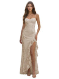 Spaghetti Straps Floral Embroidery Mermaid Prom Dress 2026 Long Corset Formal Evening Gowns with Ruffle Slit