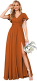 Flutter Sleeves Split Bridesmaid Dresses with Slit Long V Neck Empire Waist Formal Dress for Women Wedding