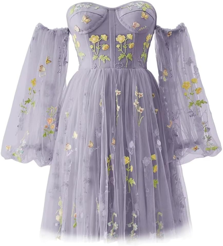 Vestidos de fiesta para mujer, cortos, con hombros descubiertos, bordados florales, de tul, formales, para fiesta de graduación 