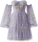 Vestidos de fiesta para mujer, cortos, con hombros descubiertos, bordados florales, de tul, formales, para fiesta de graduación 