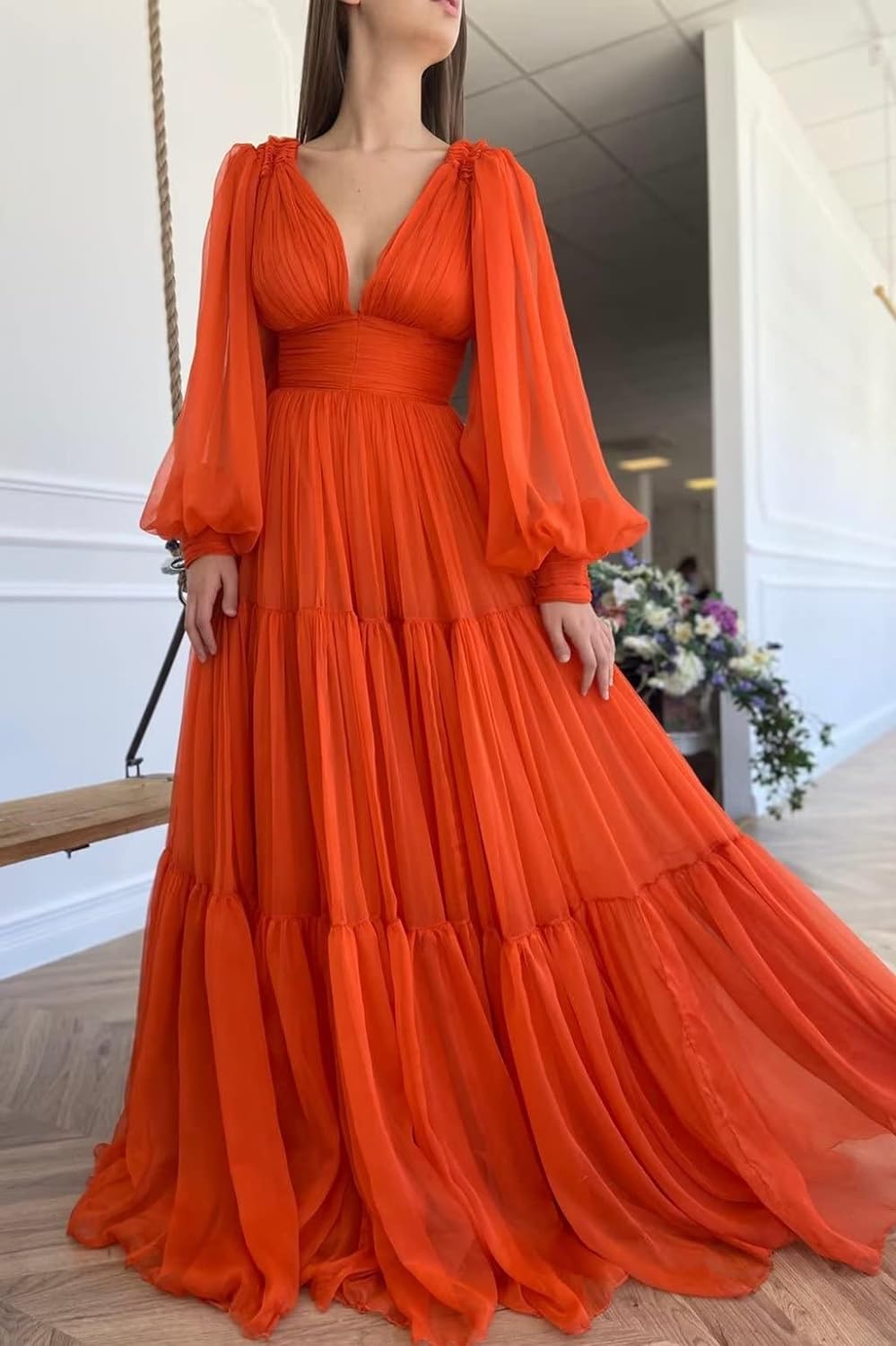 Langes Ballkleid mit Puffärmeln, Tüll, Ballkleid für Damen, Brautkleider, V-Ausschnitt, formelle Abendkleider