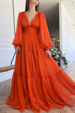 Langes Ballkleid mit Puffärmeln, Tüll, Ballkleid für Damen, Brautkleider, V-Ausschnitt, formelle Abendkleider